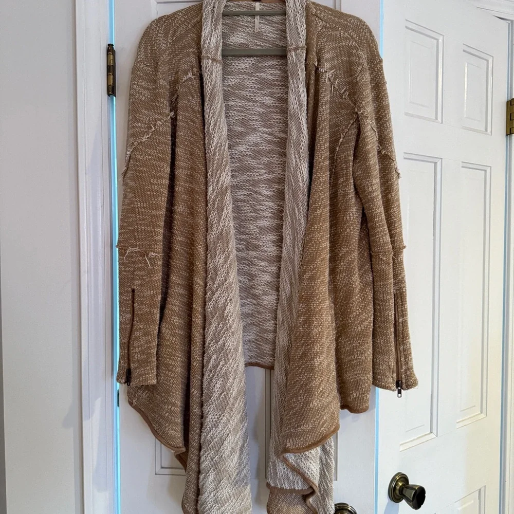 Free People Taupe & Cream Draped Open Cardigan